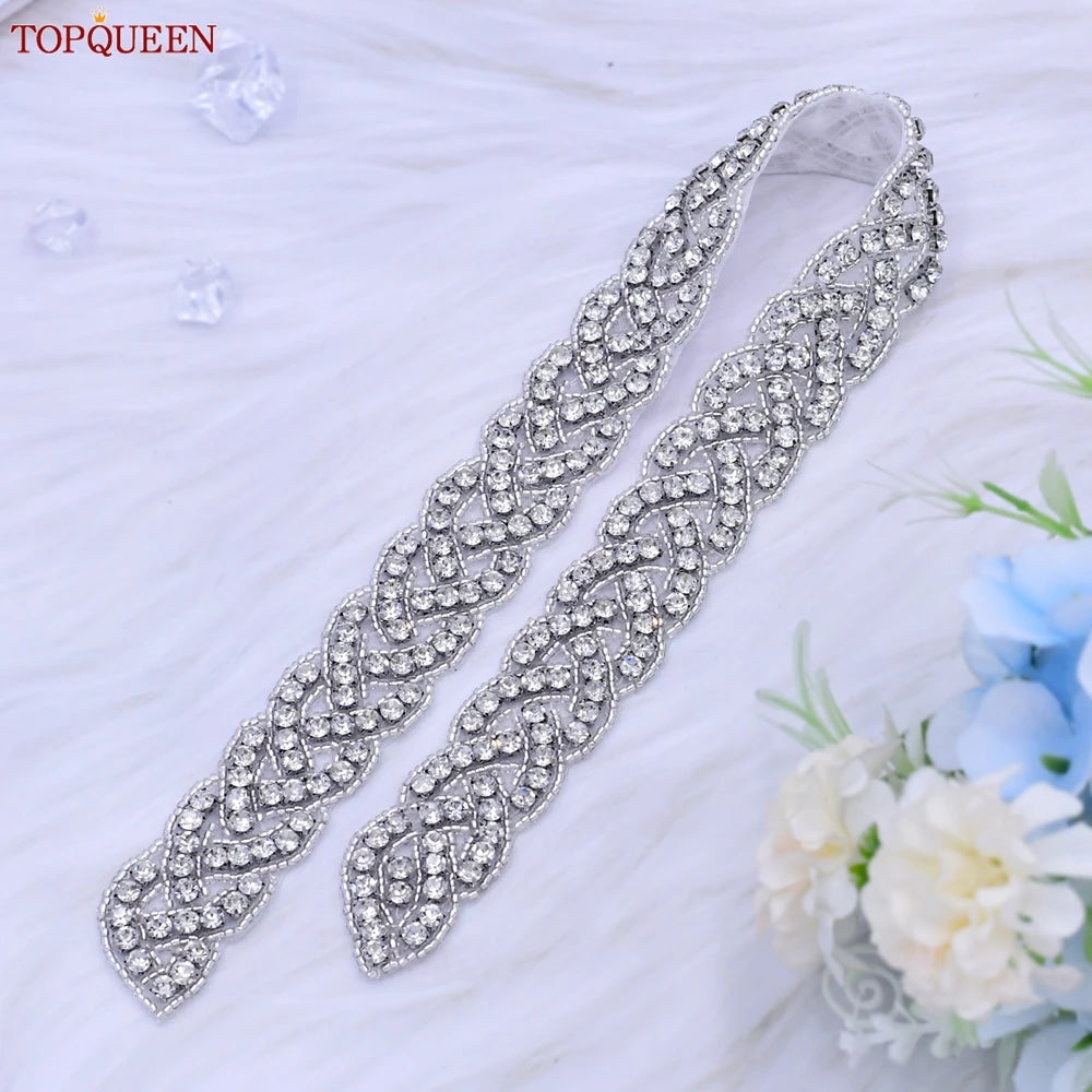 TOPQUEEN Luxury Wedding Bridal Sash Ribbon Sparkly Rhinestone Belts for Formal Dress Plus Size Diamond Belt Sash Applique  S216