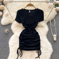 Dress Girls Summer New Square Neck Drawstring Solid Color Fashion Short Sleeved 2024 Simple Elastic Waist Fashion