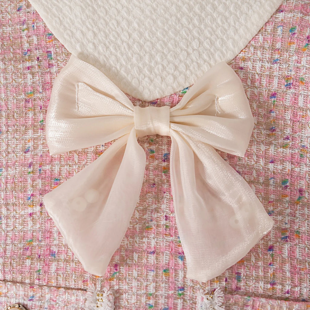 Spring And Autumn New Beige Bow Baby Girl Dress, Pink Checkered Pocket Children'S Long Sleeve Clothes (0-3 Years Old)