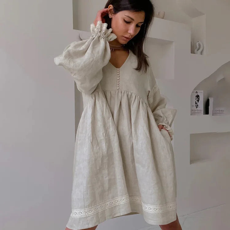 Jastie Summer New Cotton And Linen Long Dress Women French Square Neck Puff Sleeve Dresses Elegant Loose Solid Big Swing Dress