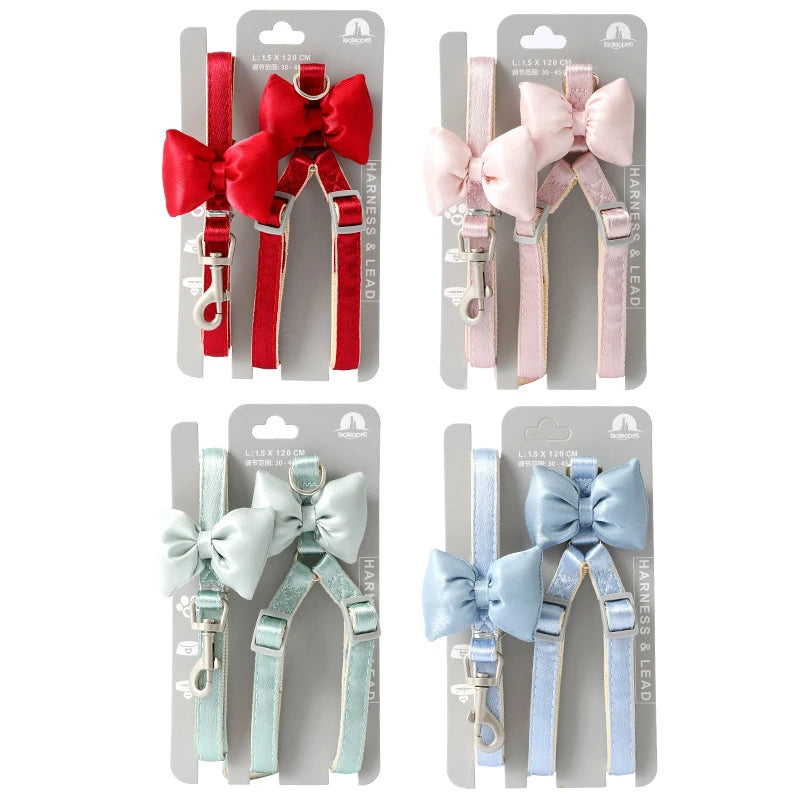 Dog Harness Leash Evening Dress Bow Collar Set Adjustable Cute  Dog Harness For Small Medium Pet Cat Collar Leash Outdoor Walkin