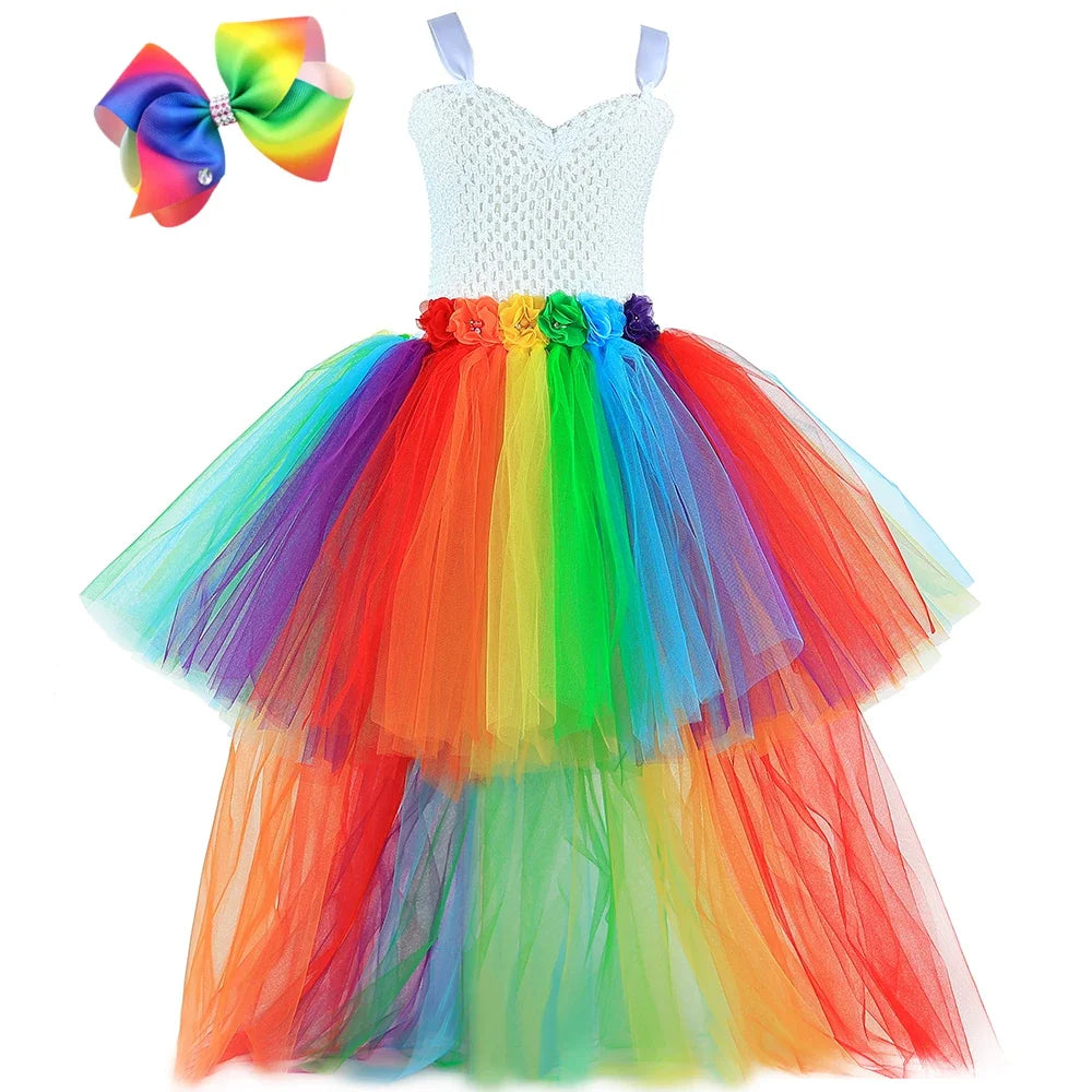 Girls Rainbow Tutu Dress V-Neck Train Flower Girl Tulle Princess Dresses Toddler Kids Birthday Party Christmas Halloween Costume