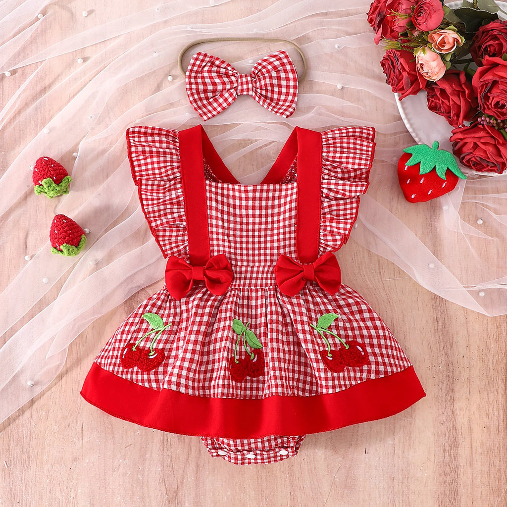 2PCS  Summer Cross-Border New Style For Girls And Babies 0-1 Years Old Sweet And Cute Red And White Plaid Dress Pants