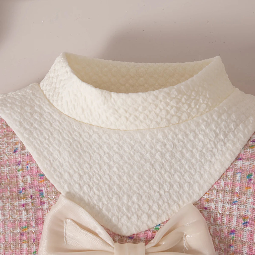 Spring And Autumn New Beige Bow Baby Girl Dress, Pink Checkered Pocket Children'S Long Sleeve Clothes (0-3 Years Old)