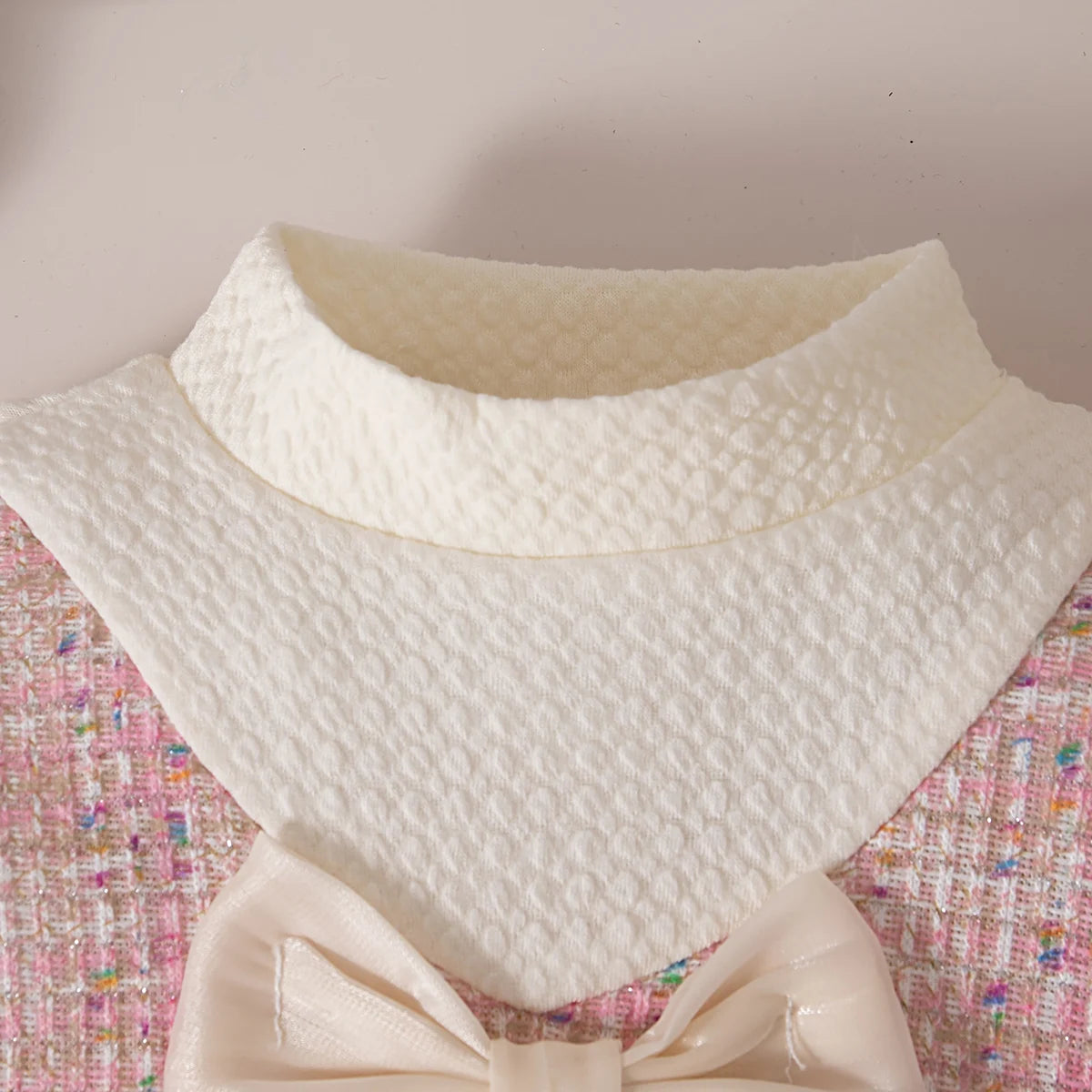 Spring And Autumn New Beige Bow Baby Girl Dress, Pink Checkered Pocket Children'S Long Sleeve Clothes (0-3 Years Old)