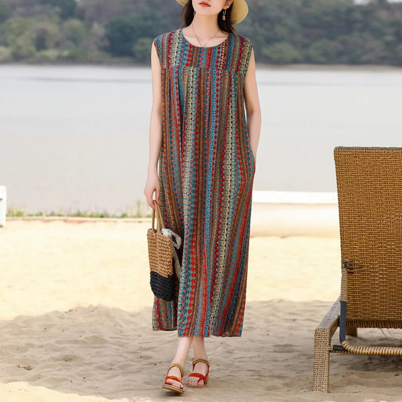 Vintage Dress Women 2025 Summer Casual Loose Long Dresses  Beach Femme Robe Vestidos Fashion Clothing Cotton Sleeveless