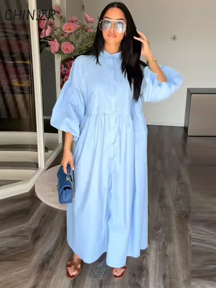 Loose Single Breasted Pleated Long Dress Women Elegant O-neck Lantern Sleeve A-line Party Dresses 2025 Summer Lady Casual Robes