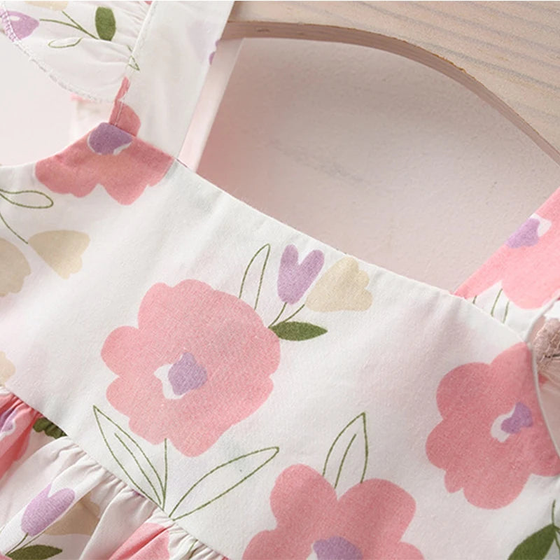 2Piece Sets Summer Outfit Baby Girl Costume Toddler Dresses Korean Cute Flowers Princess Beach Dress+Sunhat Newborn Clothes 067