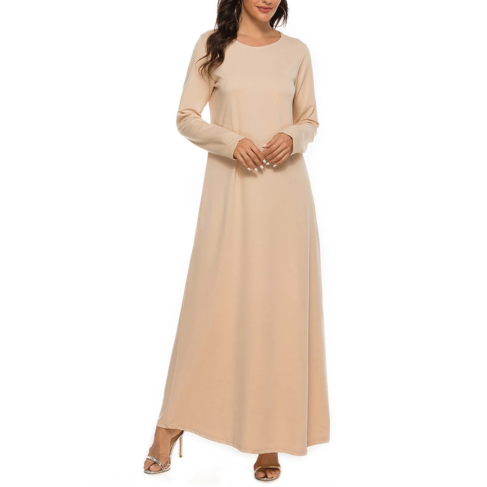Womens Solid Color Islamic Arabian Dress Round Neck Long Sleeve Muslim Prayer Long Robes Loose Basic Dress for Casual Wear
