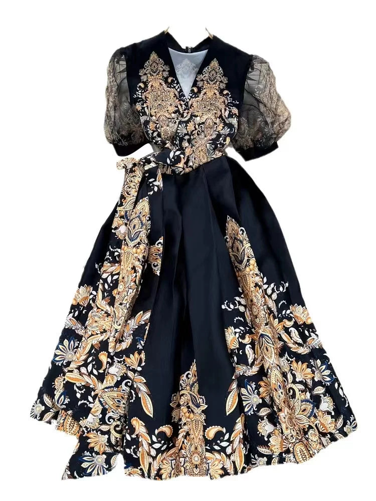 2024 Summer New Vintage Palace Style Printed Dress Women's V-Neck Short Sleeve Lace-up Slim Fit A-line Chiffon Long Skirt