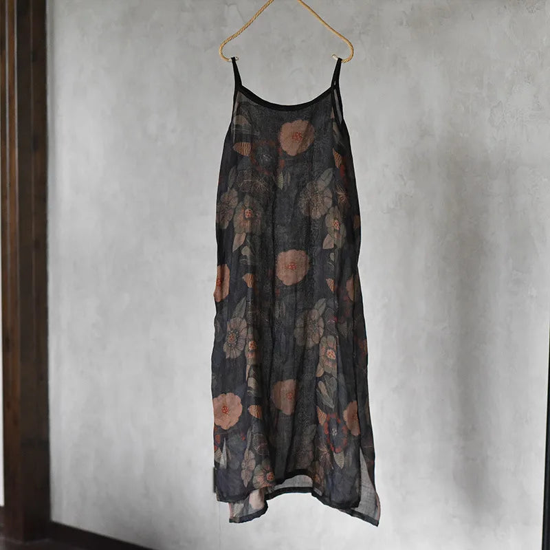 Women Loose Printed Thin Ramie Dress Ladies Vintage Printed Spaghetti Strap Dresses Female 2023 Transparent Dress Summer