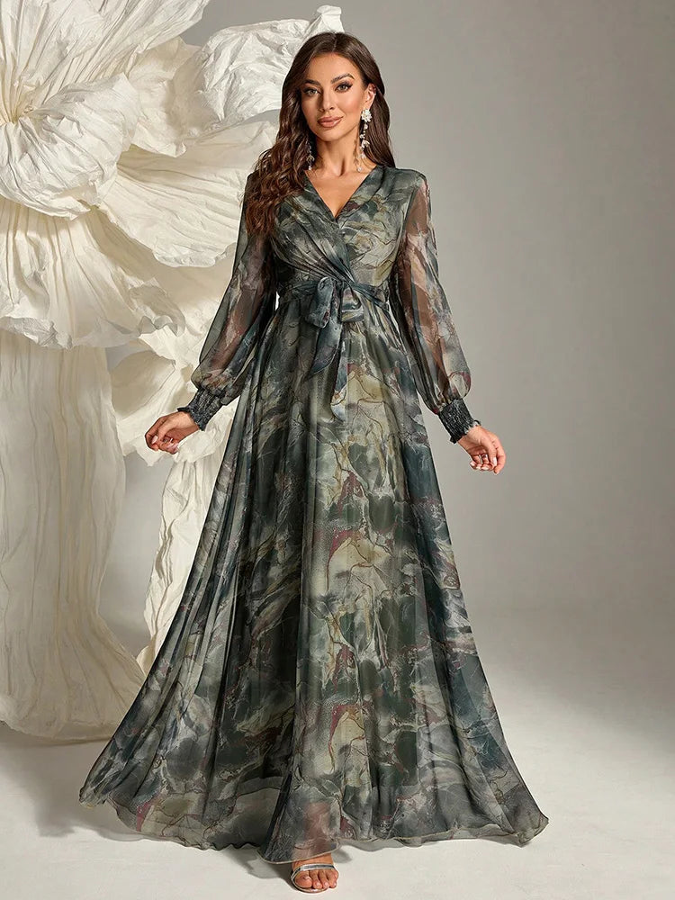 TOLEEN Women's Cross Wrap Summer Long Sleeve Dress 2024 New Spring Casual Elegant Floral Print Belted Formal Party Maxi Dresses