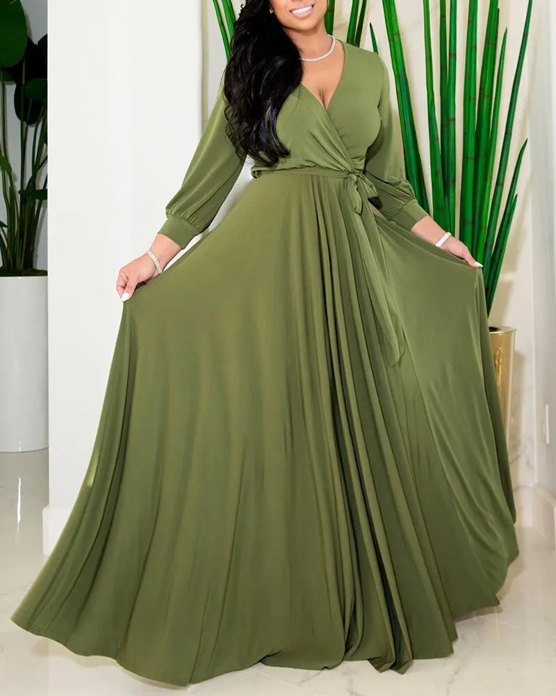 Wmstar Women's Dress Fashion Commuter Solid Color V-Neck Elastic Waist Long Sleeve Big Swing Loose Casual Oversize Long Dresses