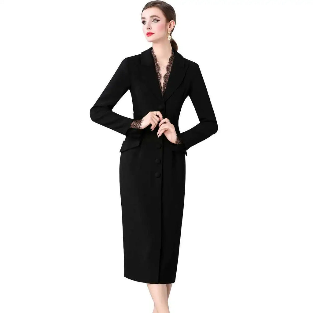 Autumn Winter Lace V Neck Long Sleeve Pencil Dress Women French Hepburn Style Single Breasted Bodycon Midi Work Dresses Lady