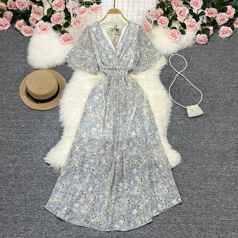 Women Chiffon Floral Long Dress Elegant Korean V Neck Short Sleeve Summer Bohemian Print Beach Dresses For Women Black
