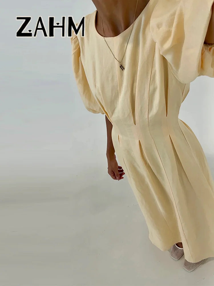 Casual Yellow Short Puff Sleeve Women Dress Loose Solid O-neck Pleated High Waist Female Maxi Dresses 2025 Summer Chic Lady Robe