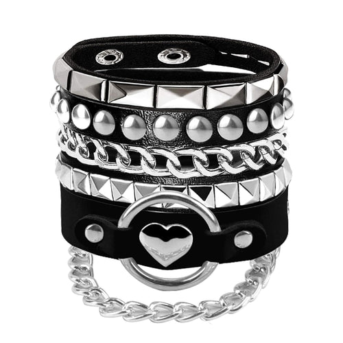 80s 90s Womens Faux Leather Bracelets with Heart/Pyramid/Chain3Pcs Emo Punk Wrap Wrist Cuffs Jewelry Accessories Gothic Gift