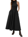 synound Women Turtleneck Maxi Dress Elegant Patchwork Sleeveless Pullover Long Dresses Casual Fashion Flowy with Pockets Black