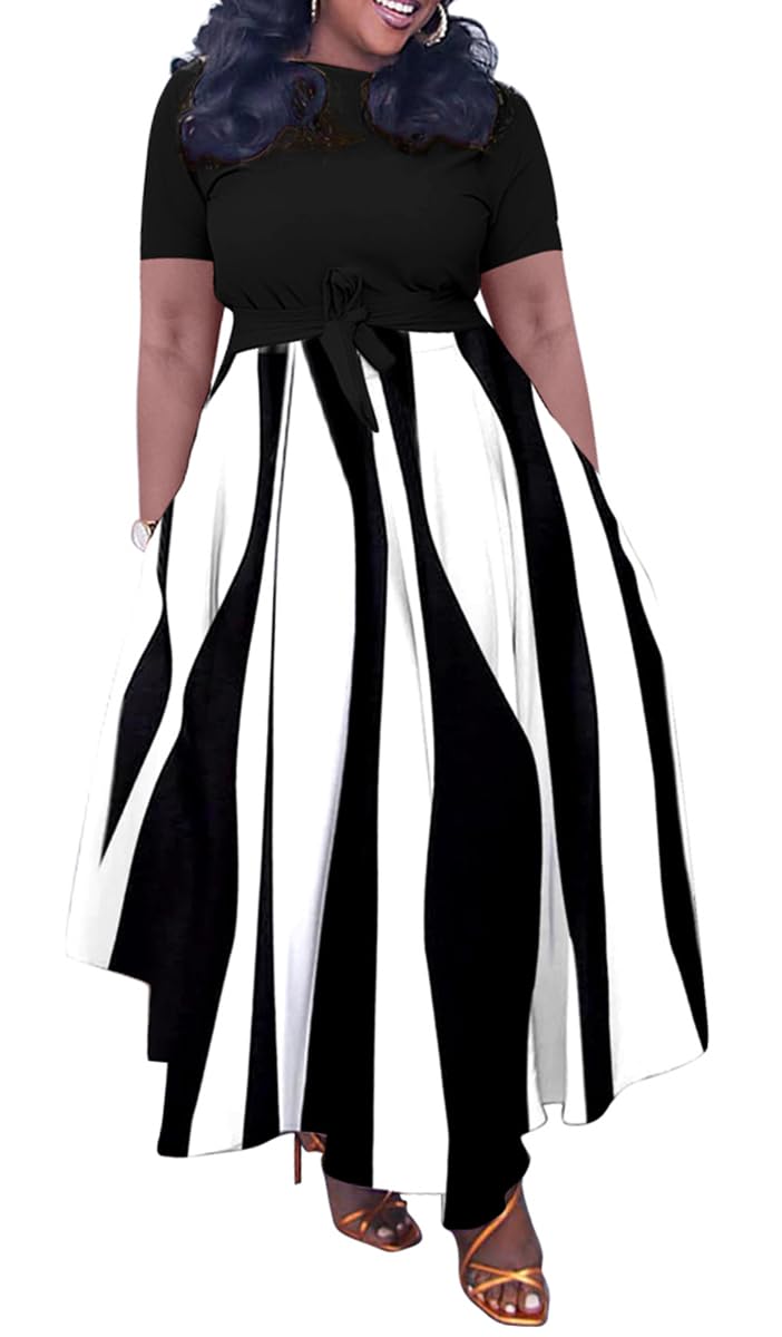 BFFBABY Plus Size Dress A Line Dresses for Women Summer Long Dresses with Sleeve Casual Belted