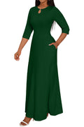 FANDEE Womens Maxi Dress Casual Boho Plain Long Dresses 3/4 Sleeve with Pockets Green M
