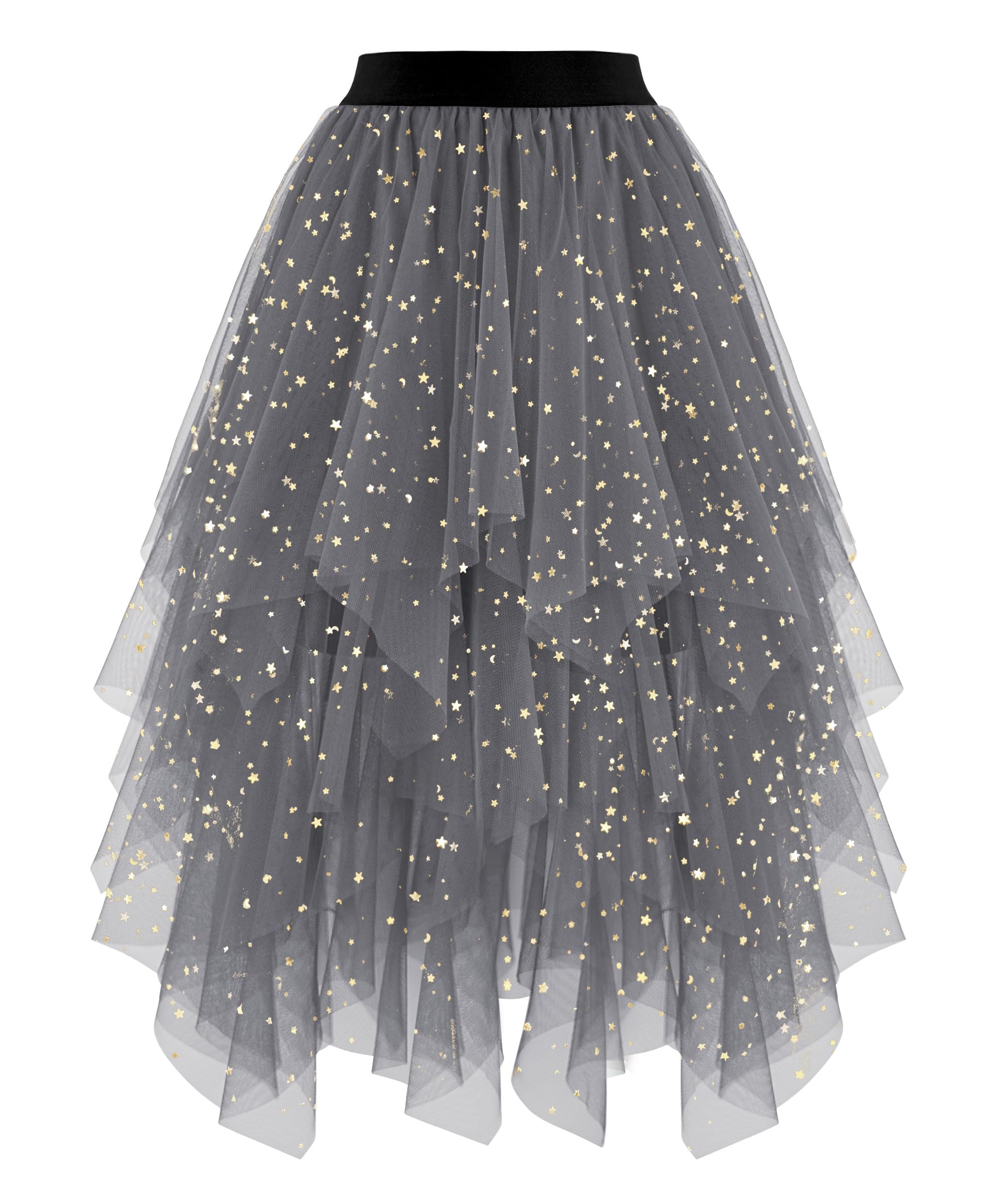 Ellames Womens Tulle Skirts High Low Layered Puffy Fairy Skirts Midi Length Irregular Tutu Skirt Dark Gray Sequin Medium
