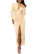 Womens  Button Down Ruched Stretchy Maxi Dress Long Sleeve Party Club Long Dresses Apricot