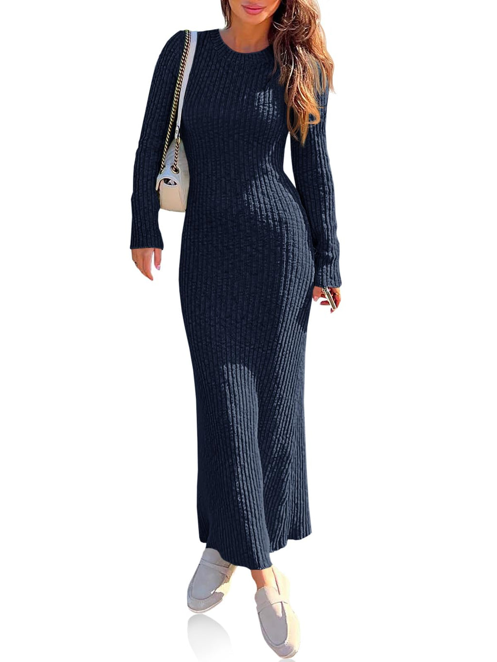Wenrine Womens Sweater Maxi Dress Long Sleeve Knit Ribbed Crew Neck Slim Fit Casaul Fall Long Dresses Navy