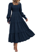 KIRUNDO Women Fall Winter Wedding Guest Maxi Dress Elegant Puff Long Sleeve Smocked Empire Waist Swing Flowy Long Dresses(Navy Medium)